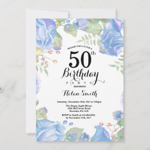 Botanical Blue Floral 50th Birthday Invitation