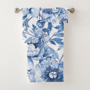 Botanical Blue Floral Art Nouveau Porcelain Flower Bath Towel Set