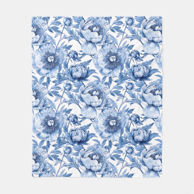 Botanical Blue Floral Delicate Porcelain Flower Fleece Blanket (Front)