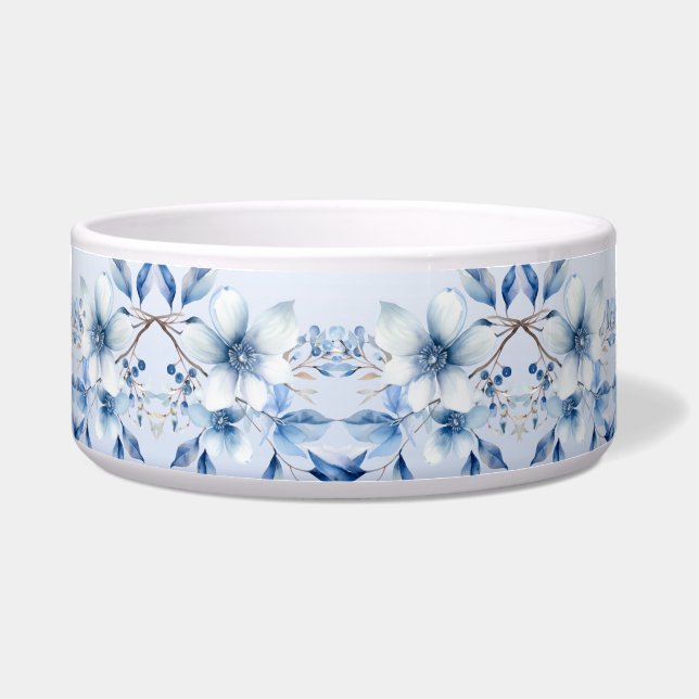 Botanical Blue Flowers Ceramic Pet Bowl (Front)