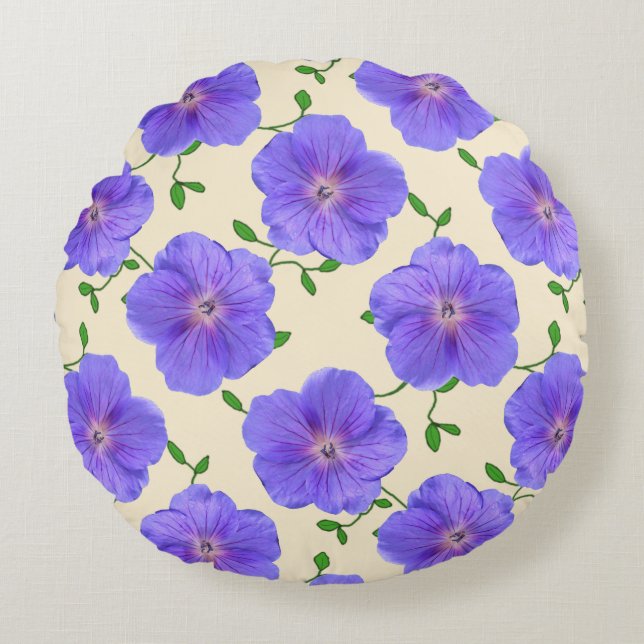 Botanical Blue Geranium Flower Round Pillow (Front)