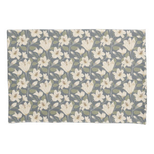 Botanical Blue Grey Beige Lily Floral Pattern   Pillowcase