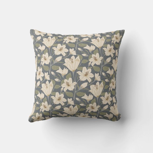 Botanical Blue Grey Beige Lily Floral Pattern   Throw Pillow (Back)