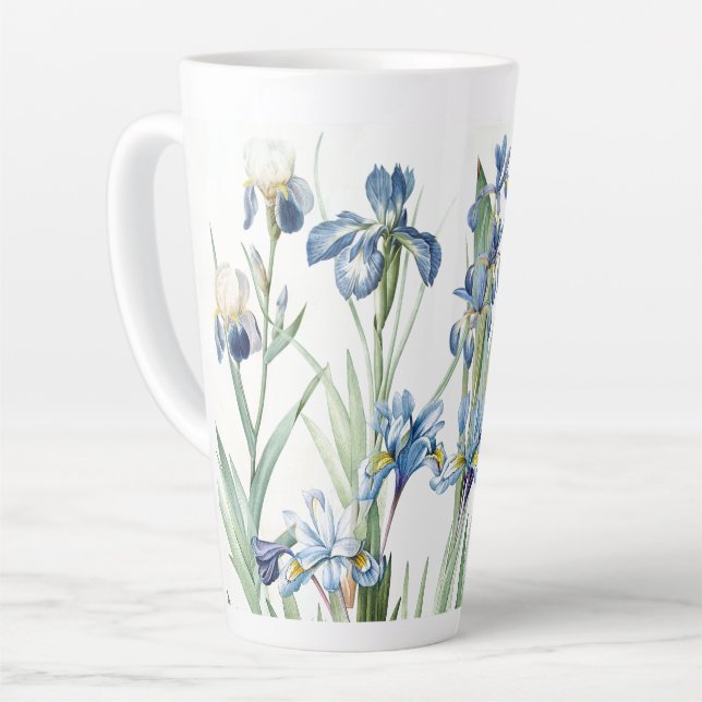 Botanical Blue Iris Flowers Redoute Latte Mug (Left Angle)