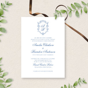 Botanical Blue Monogram Crest & Script Wedding Invitation