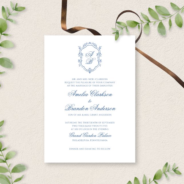 Botanical Blue Monogram Crest & Script Wedding Invitation (Creator Uploaded)