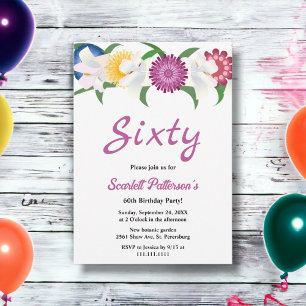 Botanical Blue Purple Roses Floral 60th Birthday Invitation