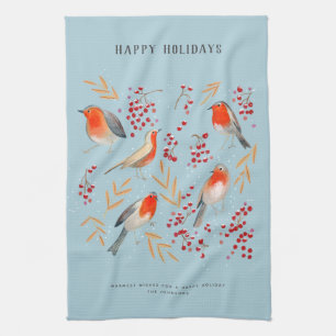 Botanical Blue red Birds Robin Christmas Holiday Kitchen Towel