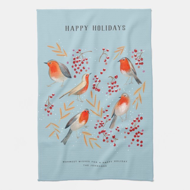 Botanical Blue red Birds Robin Christmas Holiday Kitchen Towel (Vertical)