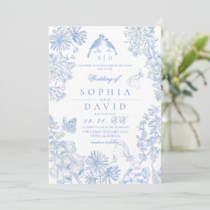 Botanical Blue White Rustic Wildflowers Wedding  Invitation