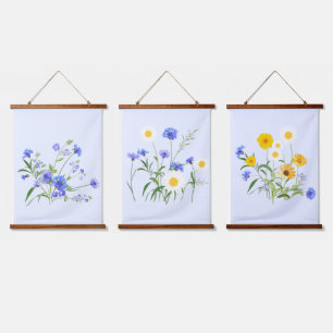 Botanical Blue White Yellow Wildflowers Hanging Tapestry