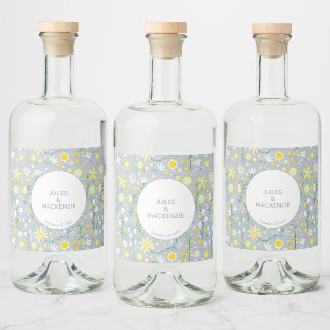 Botanical Blue Wildflower Floral Pattern Liquor Bottle Label (Bottles)