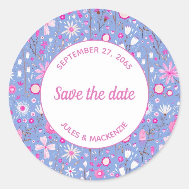 Botanical Blue Wildflower Floral Save the Date Classic Round Sticker (Front)