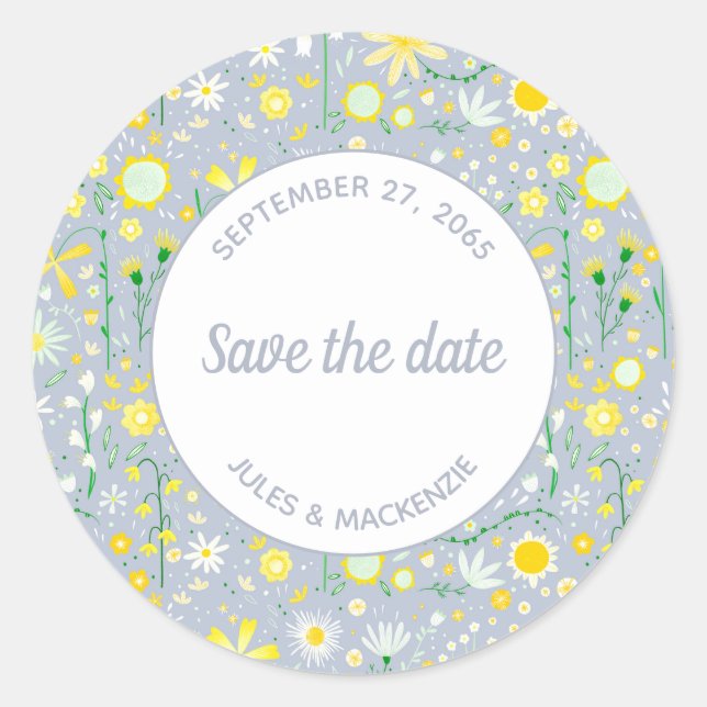 Botanical Blue Wildflower Floral Save the Date Classic Round Sticker (Front)