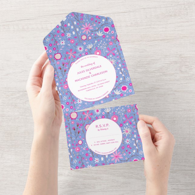 Botanical Blue Wildflower Floral Wedding All In One Invitation (Tearaway)