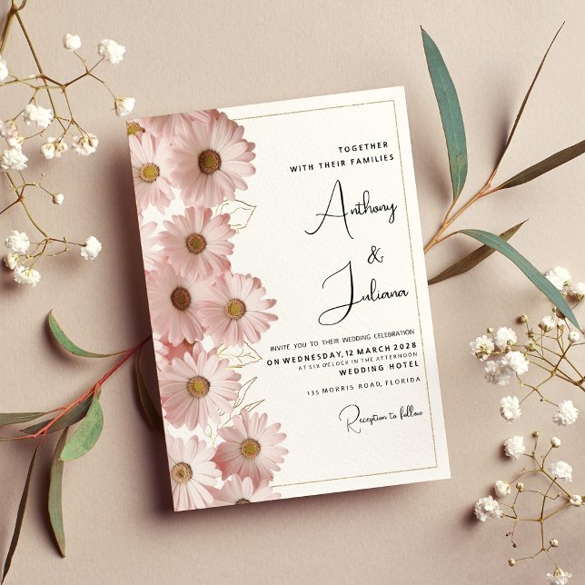 Botanical blush pink gold daisy floral Wedding Invitation (Botanical blush pink gold daisy floral Wedding )