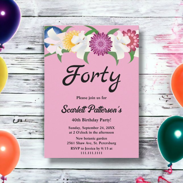 Botanical Blush Pink Roses Floral 40th Birthday Invitation (Creator Uploaded)