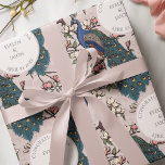 Botanical Blush Pink Wedding Peacock & Flowers  Wrapping Paper<br><div class="desc">This Botanical Blush Pink Wedding Peacock & Flowers Wrapping Paper features a Chinoiserie style pattern of hand-drawn blue and teal peacocks perched on Magnolia tree branches in bloom against an elegant blush pink background. All text is editable. Personalize the heading, names and date on the product page by clicking on...</div>