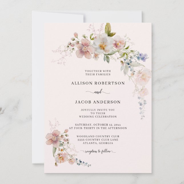 Botanical Blush Pink Wildflower Floral Wedding Invitation (Front)
