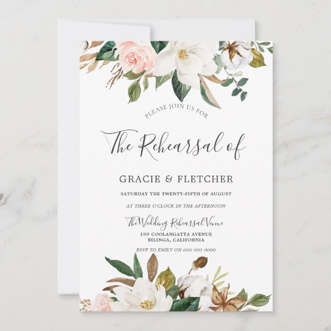 Botanical Blush White Floral Wedding Rehearsal Invitation (Front)