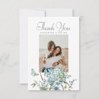 Botanical Bohemian Blue Watercolor Wedding Photo Thank You Card