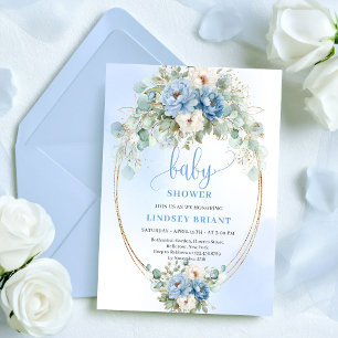 Botanical Boho Blue Flowers Eucalyptus Baby Shower Invitation
