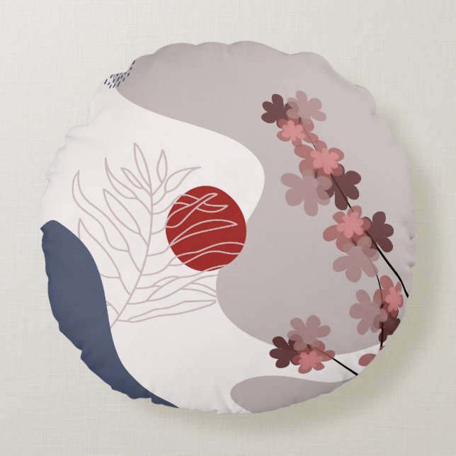 Botanical Boho Blue Magenta Round Pillow (Front)