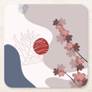 Botanical Boho Blue Magenta Square Paper Coaster