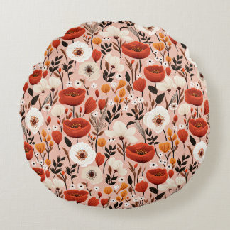 Botanical Boho Fall Wildflowers Meadow Pattern Round Pillow