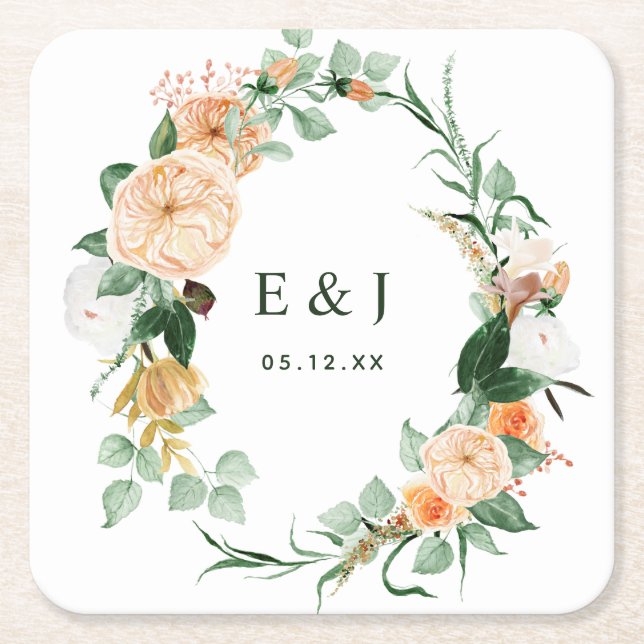 Botanical Boho Floral Greenery Monogram Wedding Square Paper Coaster (Front)
