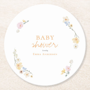 Botanical Boho flowers Script baby shower  Round Paper Coaster