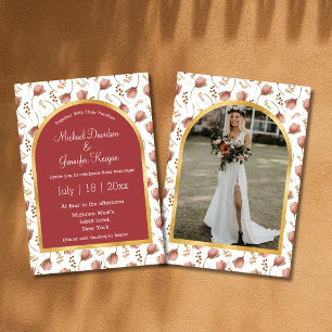 botanical boho gold red arch photo fall wedding  invitation
