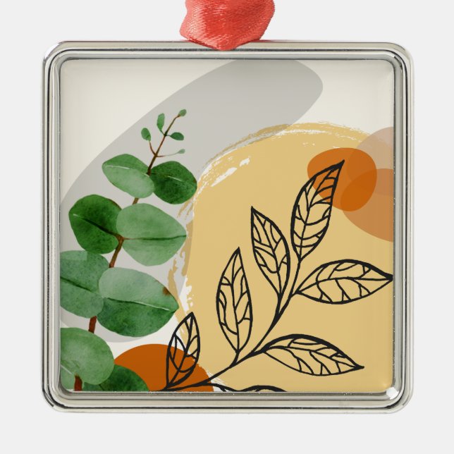 Botanical Boho Green Orange Metal Ornament (Front)