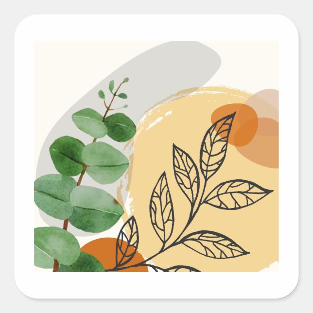 Botanical Boho Green Orange Square Sticker (Front)