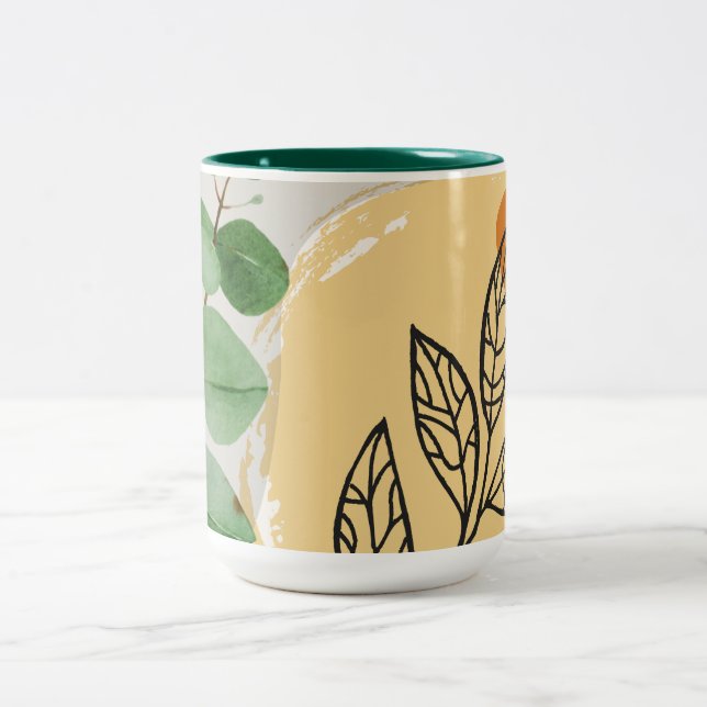 Botanical Boho Green Orange Two-Tone Coffee Mug (Center)