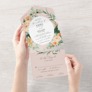 Botanical Boho Greenery Blush Pink Floral Wedding All In One Invitation