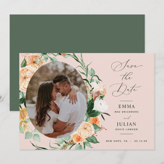 Botanical Boho Greenery Blush Pink Neutral Photo Save The Date (Front/Back)