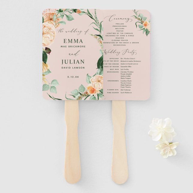 Botanical Boho Greenery Blush Pink Wedding Program Hand Fan (Front and Back)