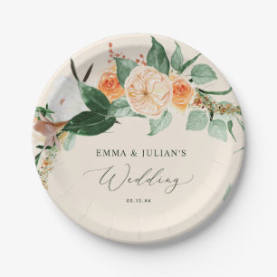 Botanical Boho Greenery Peach Personalized Wedding Paper Plate