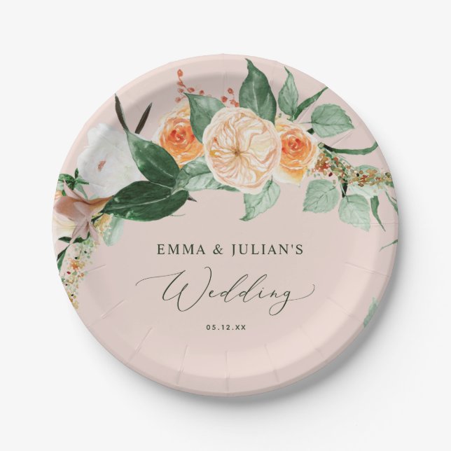 Botanical Boho Greenery Pink Personalized Wedding Paper Plate (Front)