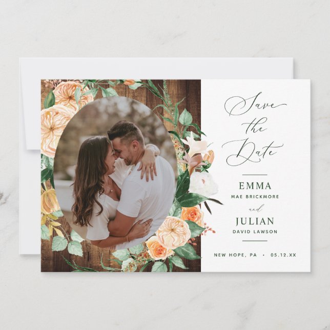 Botanical Boho Greenery Rustic Barn Wood Photo Save The Date (Front)