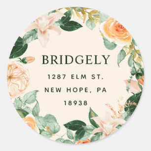 Botanical Boho Neutral Peach Floral Return Address Classic Round Sticker