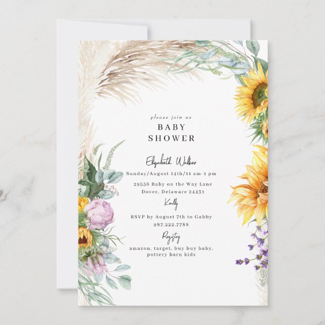 Botanical Boho Pampas Sunflower Peony Baby Shower Invitation (Front)