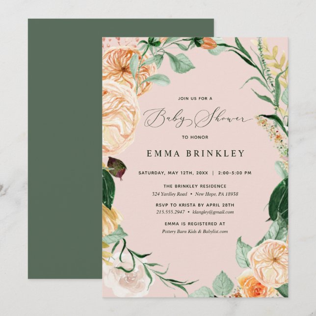 Botanical Boho Pastel Blush Pink Baby Shower Invitation (Front/Back)