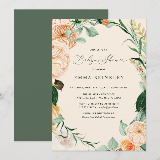 Botanical Boho Pastel Peach Neutral Baby Shower Invitation (Front/Back)