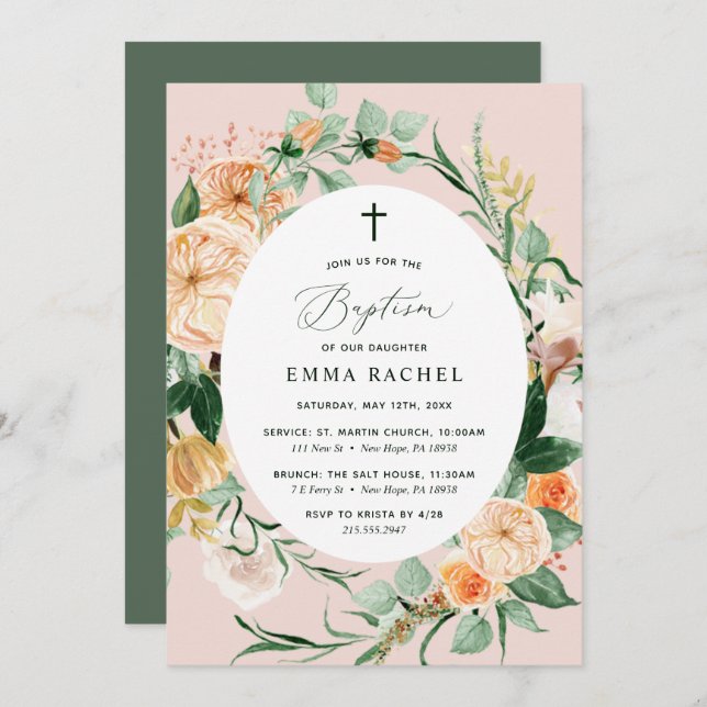 Botanical Boho Personalized Blush Pink Baptism Invitation (Front/Back)