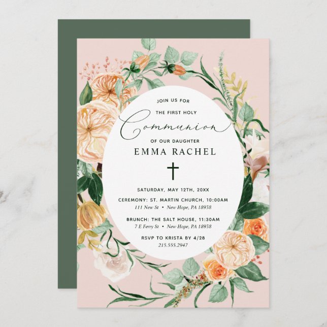 Botanical Boho Personalized Blush Pink Communion Invitation (Front/Back)