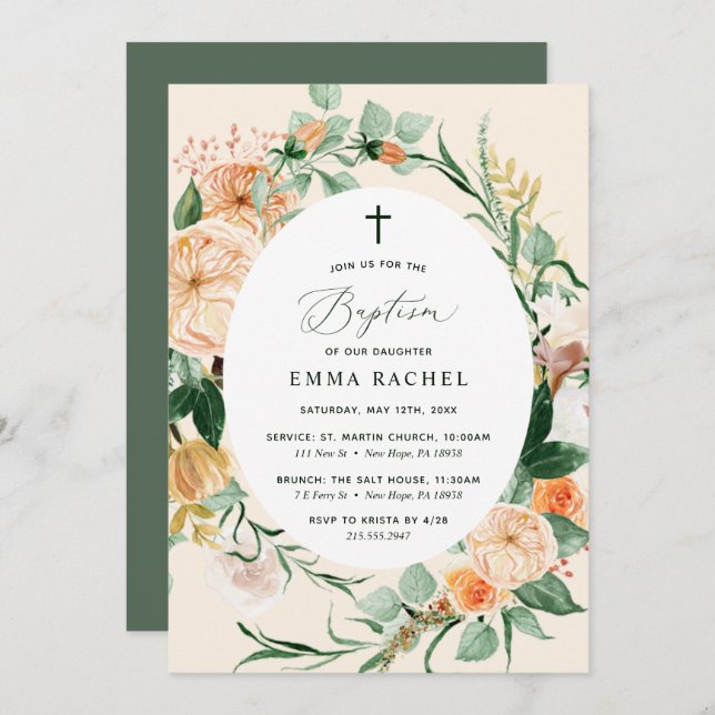 Botanical Boho Personalized Peach Girl Baptism Invitation (Front/Back)