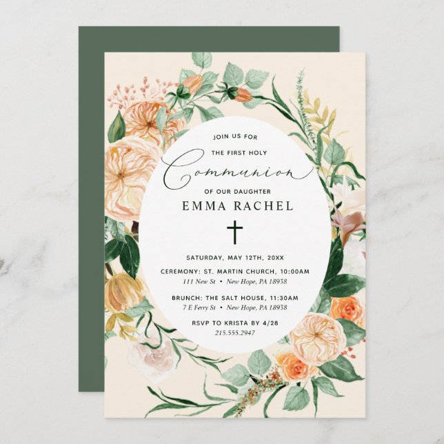 Botanical Boho Personalized Peach Girl Communion Invitation (Front/Back)