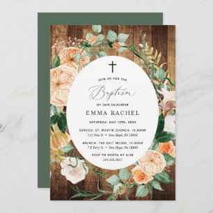 Botanical Boho Personalized Rustic Wood Baptism Invitation